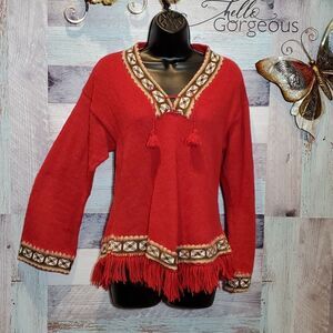 Sumac Design Sz S Red 100% Alpaca VNeck Fringe Sweater Pullover 624